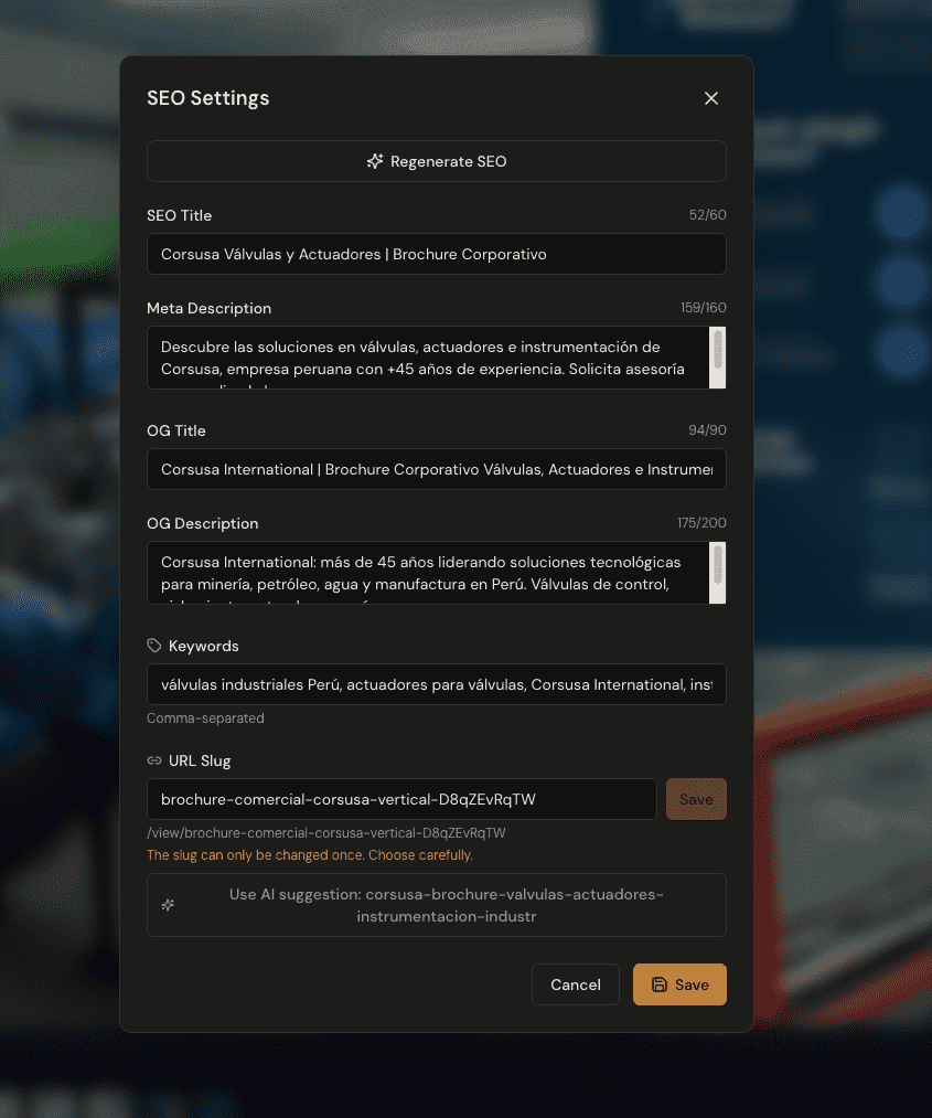 SEO Settings dialog with AI-generated title, description, and keywords